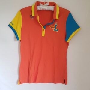 Women's Orange Polo Top with Colorblock Sleeves SIZE M / 100 Golf Tennis Preppy